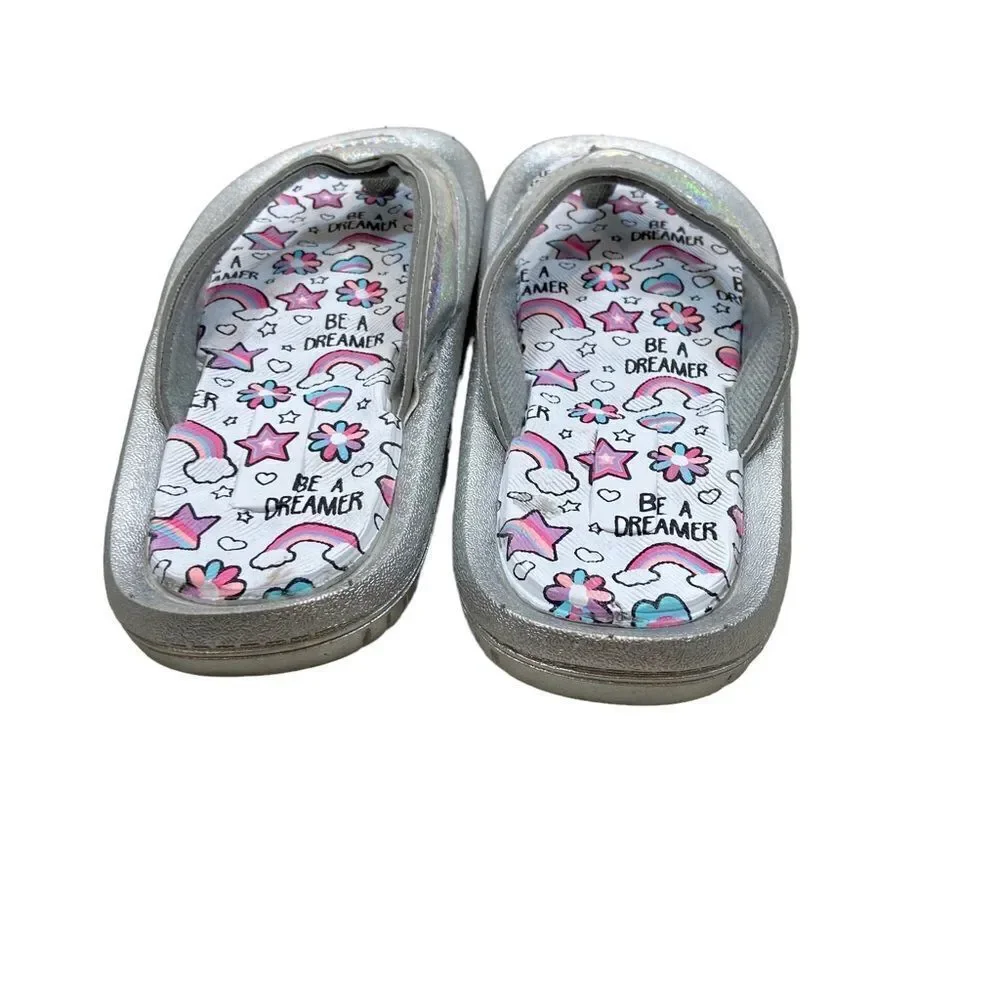 New without tags Girls Silver‎ and Rainbow Printed Flip Flops Size 1-2